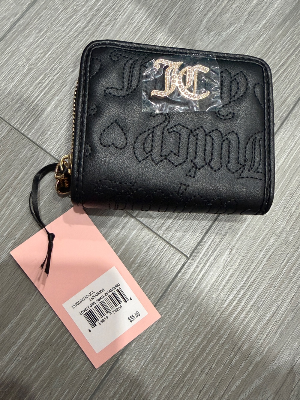 Juicy Couture Black Embossed Heart Zip Wallet with Gold Accent